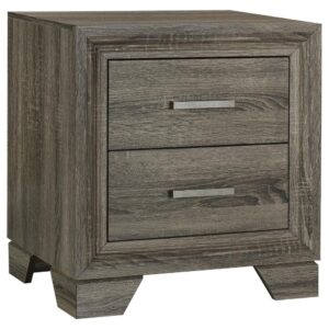 Reay Nightstand, Brown Oak Finish, 2 Drawers Silver Metal Bar Handles