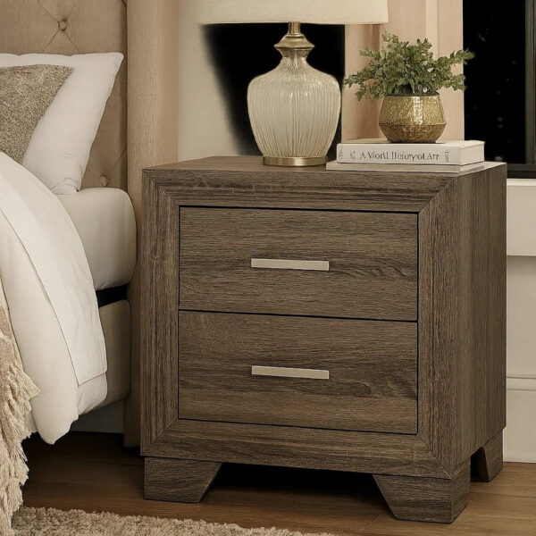 1502202669921cd9150bd.jpeg Reay Nightstand, Brown Oak Finish, 2 Drawers Silver Metal Bar Handles