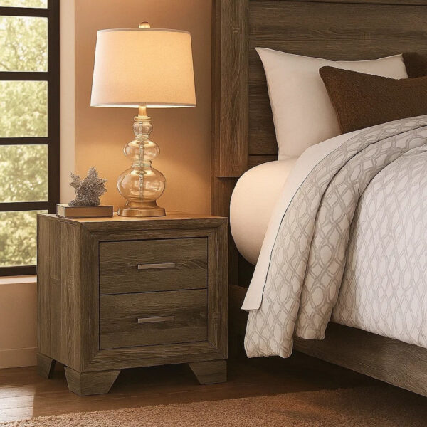 1502202669921cdc7f0d8.jpeg Reay Nightstand, Brown Oak Finish, 2 Drawers Silver Metal Bar Handles