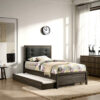 Meli Twin Size Bed, Button Tufted Upholstery, Dark Gray Solid Wood
