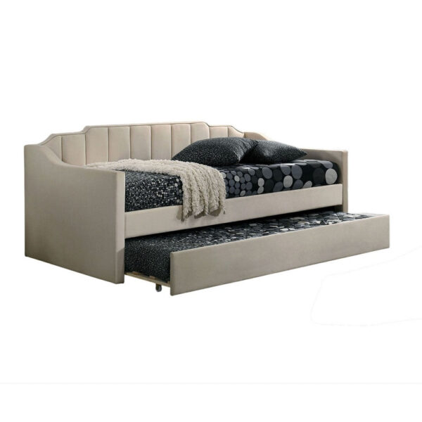 Oren Twin Daybed with Staircase Headboard, Beige Channel Tufted Fabric