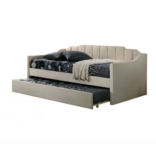 Oren Twin Daybed with Staircase Headboard, Beige Channel Tufted Fabric