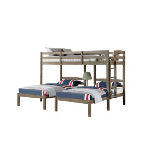 Tenn Triple Twin Bunk Bed, Built In Nightstand and USB Port, Gray Wood