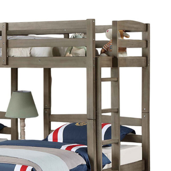 Tenn Triple Twin Bunk Bed, Built In Nightstand and USB Port, Gray Wood