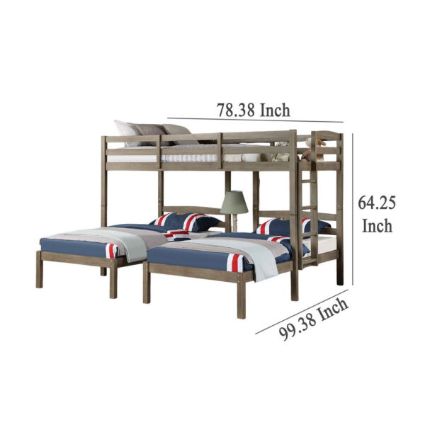 Tenn Triple Twin Bunk Bed, Built In Nightstand and USB Port, Gray Wood