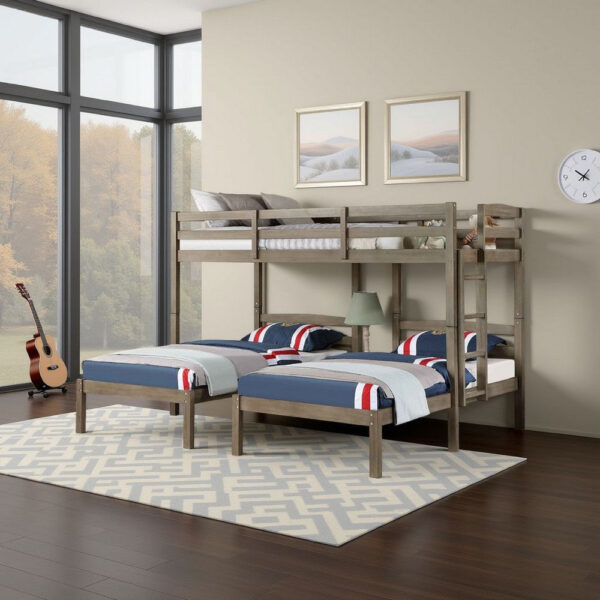 Tenn Triple Twin Bunk Bed, Built In Nightstand and USB Port, Gray Wood