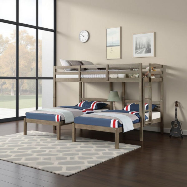 Tenn Triple Twin Bunk Bed, Built In Nightstand and USB Port, Gray Wood
