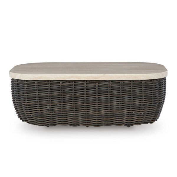 Kimo Outdoor Cocktail Coffee Table, Brown Wicker Details, 50 Inch