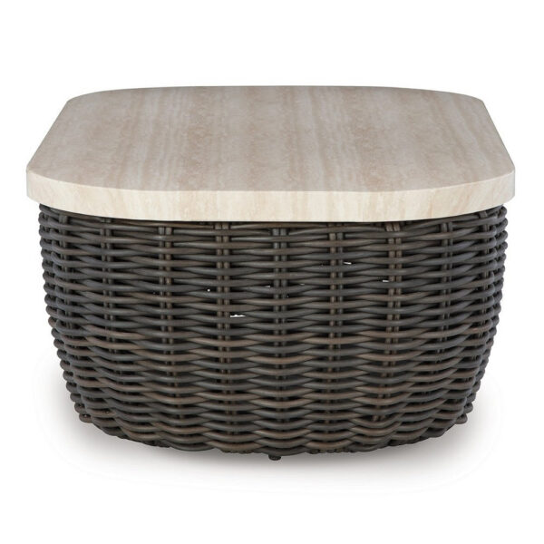 Kimo Outdoor Cocktail Coffee Table, Brown Wicker Details, 50 Inch