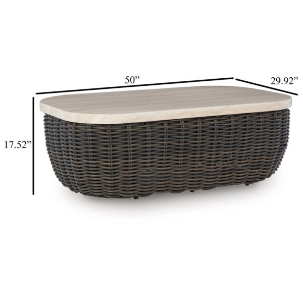 Kimo Outdoor Cocktail Coffee Table, Brown Wicker Details, 50 Inch