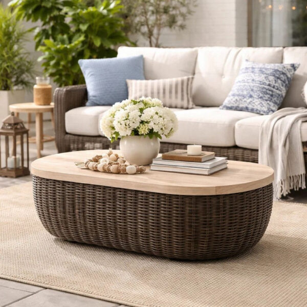 Kimo Outdoor Cocktail Coffee Table, Brown Wicker Details, 50 Inch