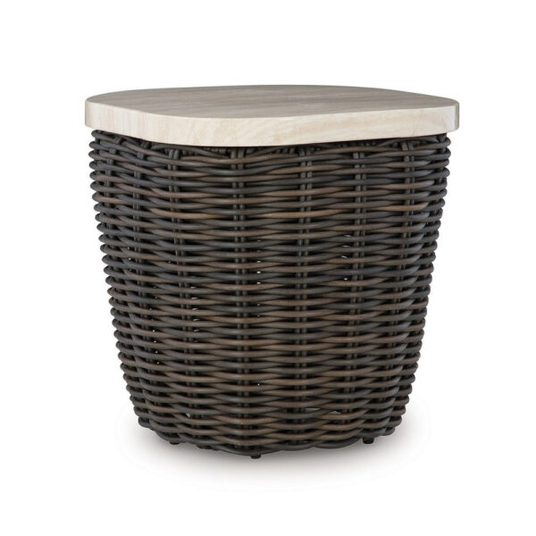 Kimo Outdoor Square End Table, Dark Brown Wicker Details, 23 Inch