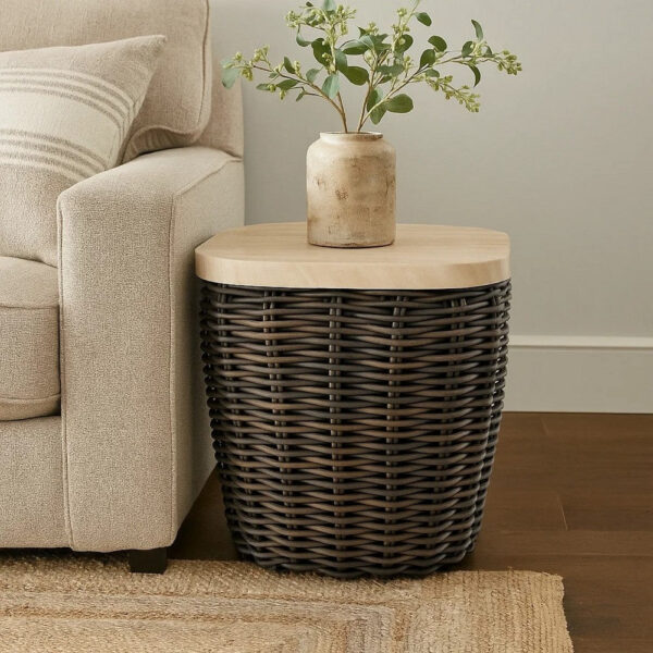 Kimo Outdoor Square End Table, Dark Brown Wicker Details, 23 Inch