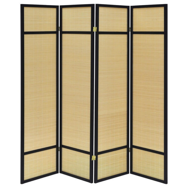 Arce 4 Panel Foldable Privacy Screen, Bamboo, Black Pine Wood Frame