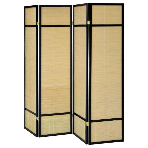 Arce 4 Panel Foldable Privacy Screen, Bamboo, Black Pine Wood Frame