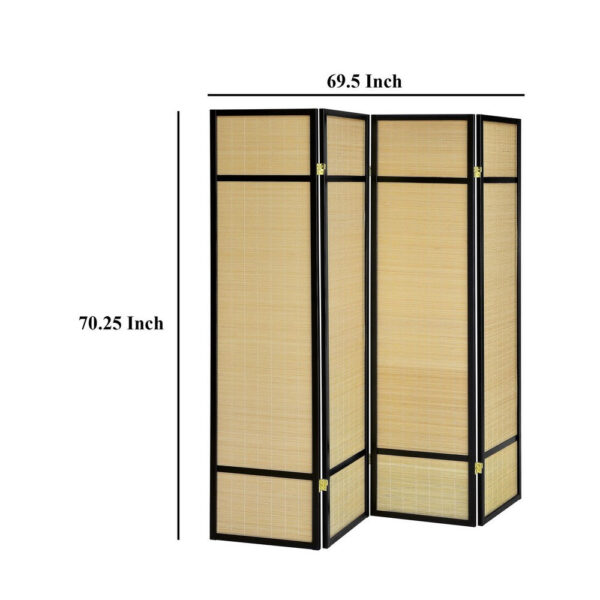 Arce 4 Panel Foldable Privacy Screen, Bamboo, Black Pine Wood Frame