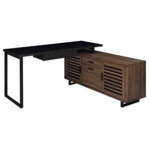 1502202669921fc51a96c.jpeg Doxx L Shape Computer Desk, 2 Doors Drawers Black Metal, Walnut Wood