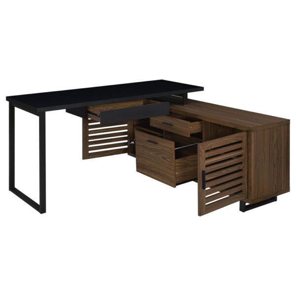 Doxx L Shape Computer Desk, 2 Doors Drawers Black Metal, Walnut Wood
