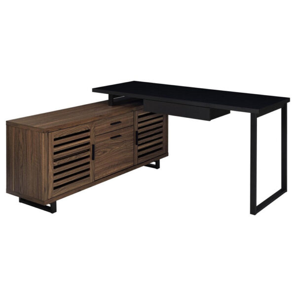 Doxx L Shape Computer Desk, 2 Doors Drawers Black Metal, Walnut Wood