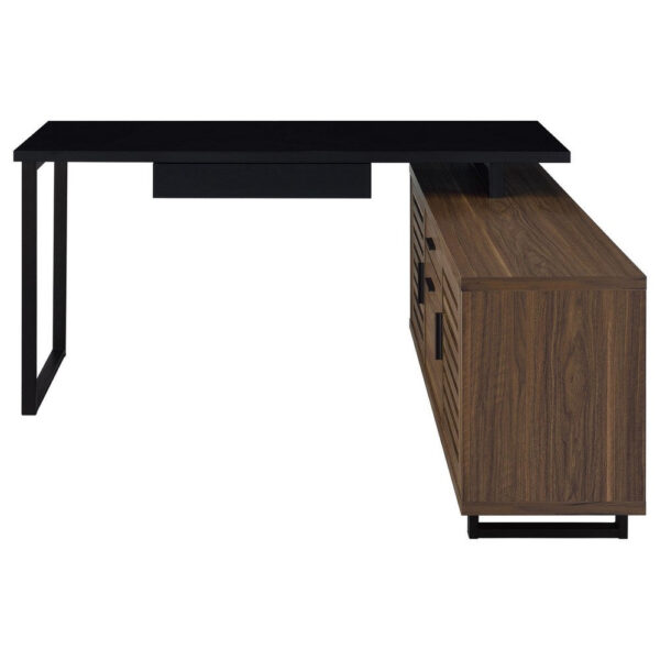 Doxx L Shape Computer Desk, 2 Doors Drawers Black Metal, Walnut Wood