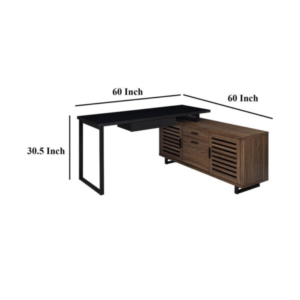 Doxx L Shape Computer Desk, 2 Doors Drawers Black Metal, Walnut Wood