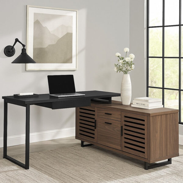 Doxx L Shape Computer Desk, 2 Doors Drawers Black Metal, Walnut Wood