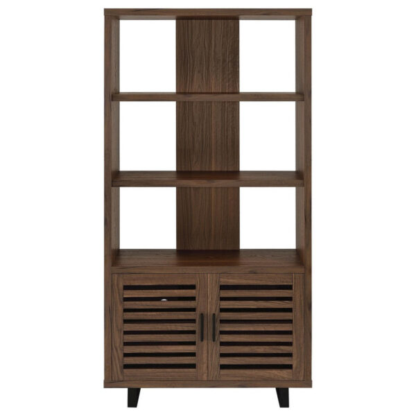 Doxx Bookcase, Slatted Cabinet, Black Open Frame Legs, Walnut Brown