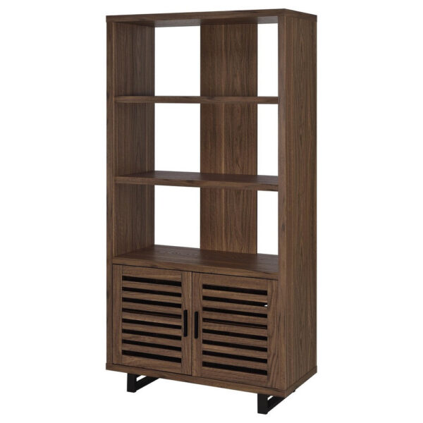 Doxx Bookcase, Slatted Cabinet, Black Open Frame Legs, Walnut Brown
