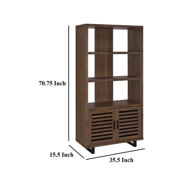 Doxx Bookcase, Slatted Cabinet, Black Open Frame Legs, Walnut Brown