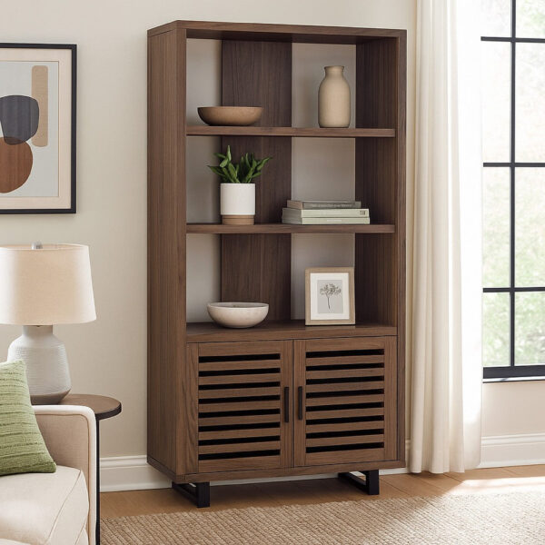 Doxx Bookcase, Slatted Cabinet, Black Open Frame Legs, Walnut Brown