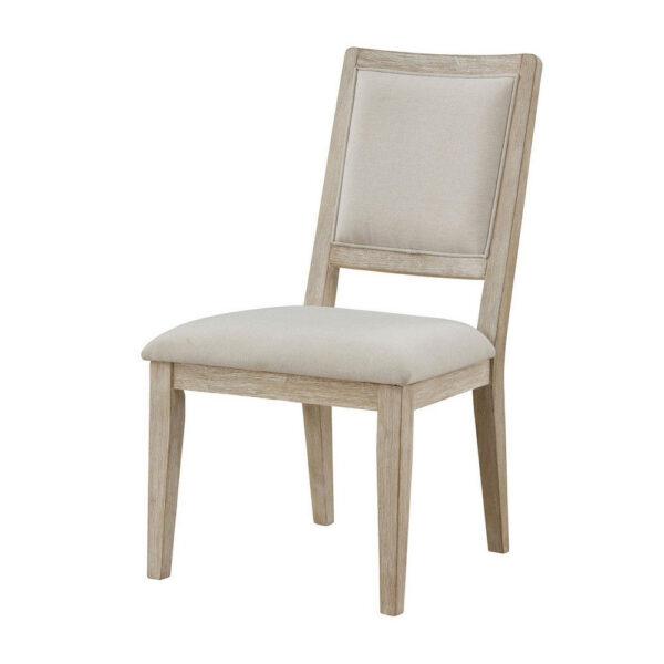 Eva Dining Side Chair Set of 2, Square Back, White Wood, Beige Fabric