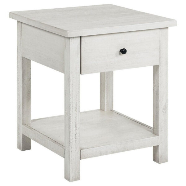 150220266992215540927.jpeg Ayne Side End Table, 1 Drawer, Distressed White Wood, Square 20 Inch