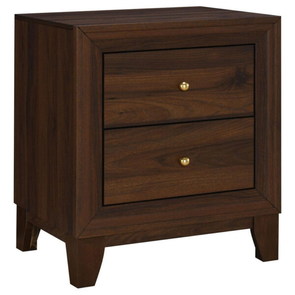 15022026699221dfa5d90.jpeg Yels Nightstand with 2 Drawers, Gold Metal Knobs, Walnut Brown