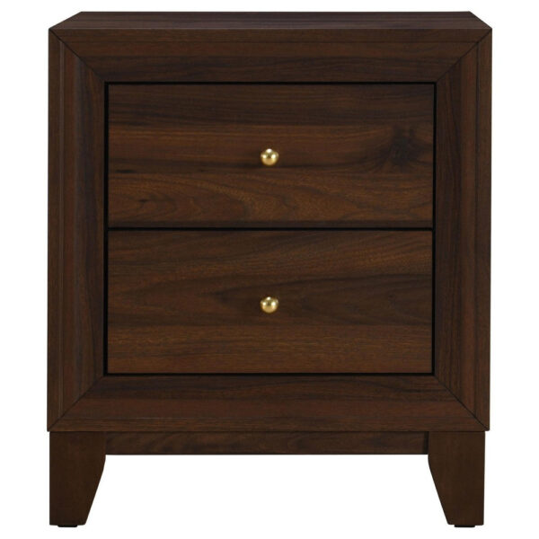 15022026699221e20fb03.jpeg Yels Nightstand with 2 Drawers, Gold Metal Knobs, Walnut Brown