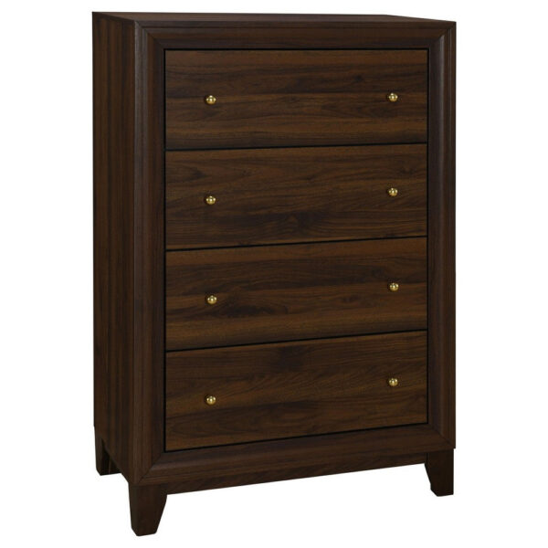 Yels Tall Dresser Chest with 4 Drawers, Gold Metal Knobs, Walnut Brown