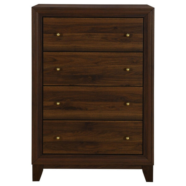 Yels Tall Dresser Chest with 4 Drawers, Gold Metal Knobs, Walnut Brown