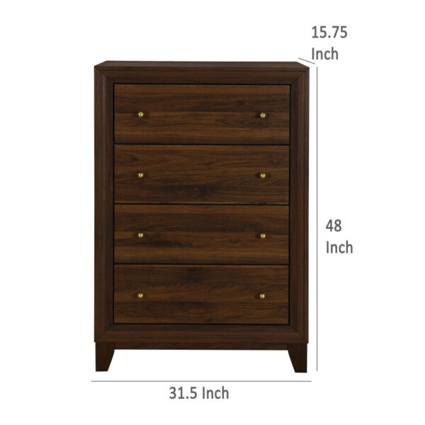 Yels Tall Dresser Chest with 4 Drawers, Gold Metal Knobs, Walnut Brown