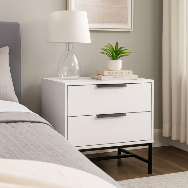 15022026699222103694e.jpeg Noro Nightstand, 24 Inch, 2 Storage Drawers, Modern White, Black Metal