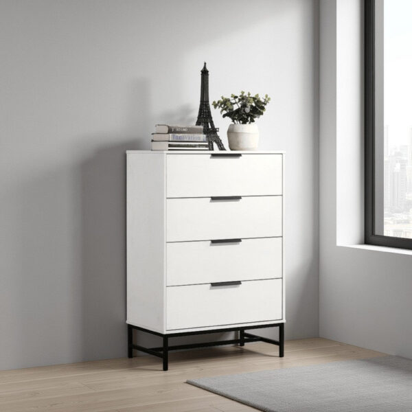 15022026699222205aca9.jpeg Noro Tall Dresser Chest, 4 Storage Drawers, Modern White, Black Metal