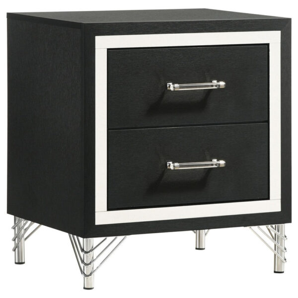 Jenny Nightstand, 24 Inch 2 Drawers and Chrome Accents, Modern Black