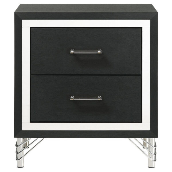 Jenny Nightstand, 24 Inch 2 Drawers and Chrome Accents, Modern Black
