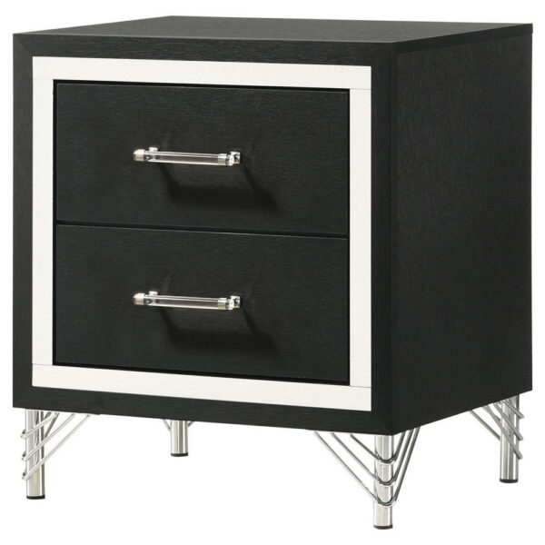 Jenny Nightstand, 24 Inch 2 Drawers and Chrome Accents, Modern Black