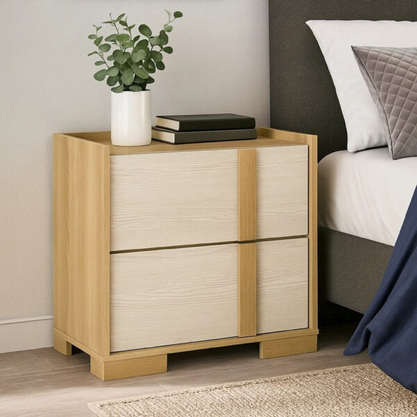 Hyle Nightstand, 2 Drawers, 24 Inch Modern Natural Brown and White