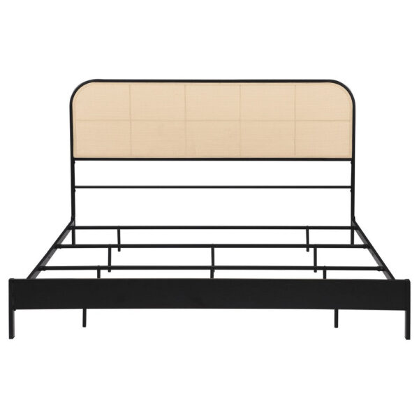 Ammy King Bed, Radio Weave Headboard, Brown Faux Rattan, Black Metal