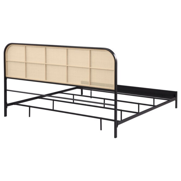 Ammy King Bed, Radio Weave Headboard, Brown Faux Rattan, Black Metal