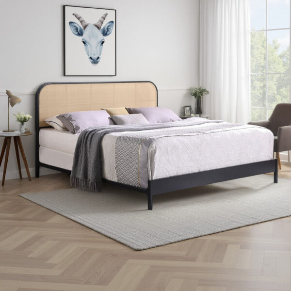 Ammy King Bed, Radio Weave Headboard, Brown Faux Rattan, Black Metal