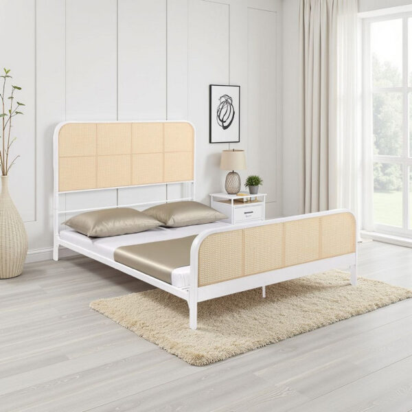 150220266992227186cd4.jpeg Lanie Queen Bed with Brown Open Cane Webbing Faux Rattan, White Metal