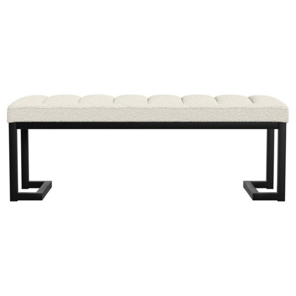 Mezza Accent Bench, Tufted Ivory Boucle Fabric, Black Metal, 48 Inch
