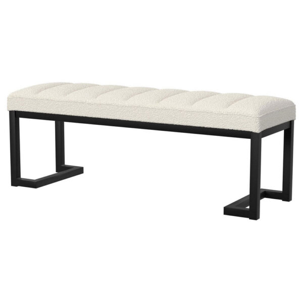 Mezza Accent Bench, Tufted Ivory Boucle Fabric, Black Metal, 48 Inch