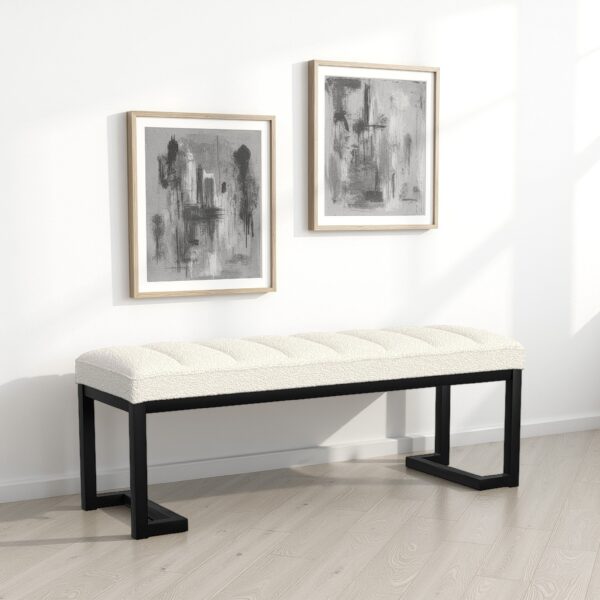 Mezza Accent Bench, Tufted Ivory Boucle Fabric, Black Metal, 48 Inch